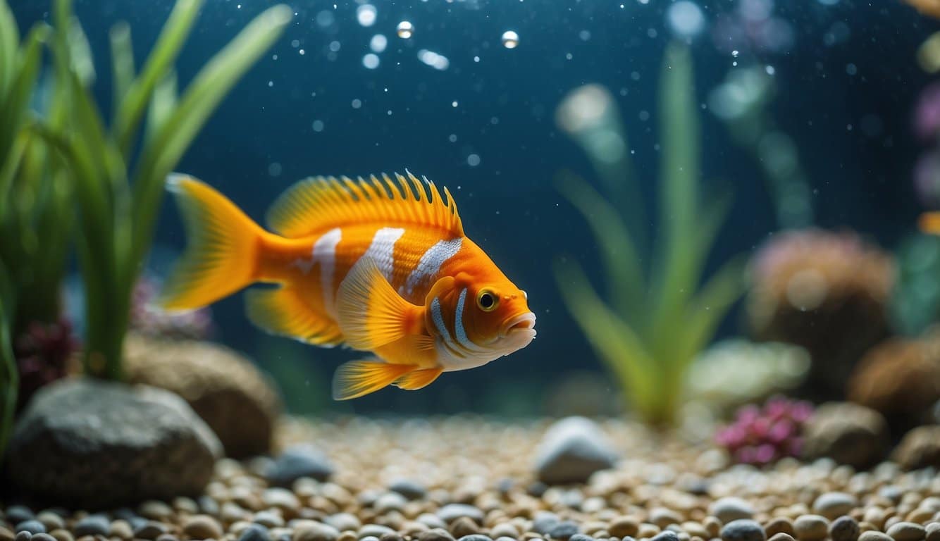 A fish swims in a clear tank with a filter, plants, and gravel. Water is clean and oxygenated