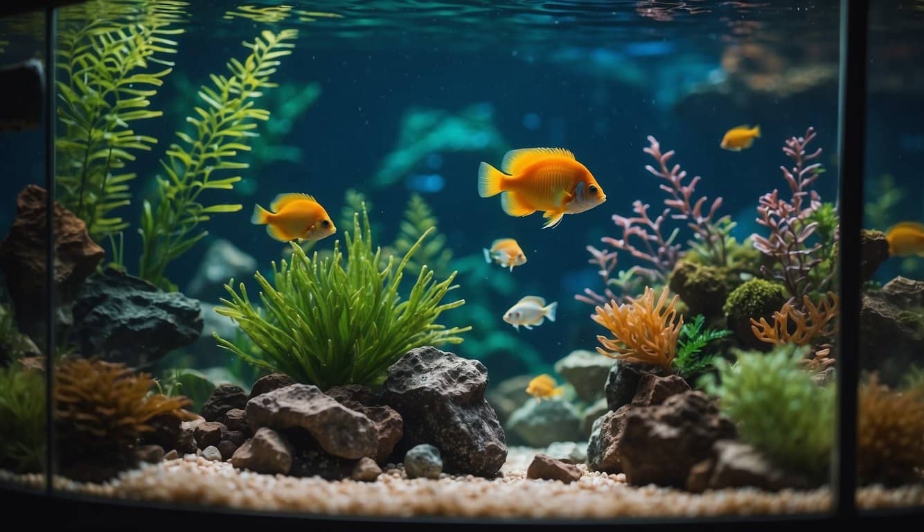 A fish tank with a filter, plants, and colorful fish swimming peacefully