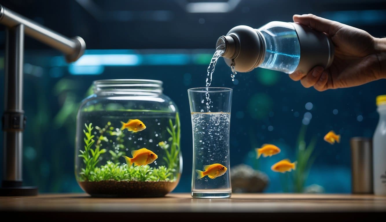 A hand pours water from a jug into a fish tank. A test kit and a bottle of water conditioner sit nearby