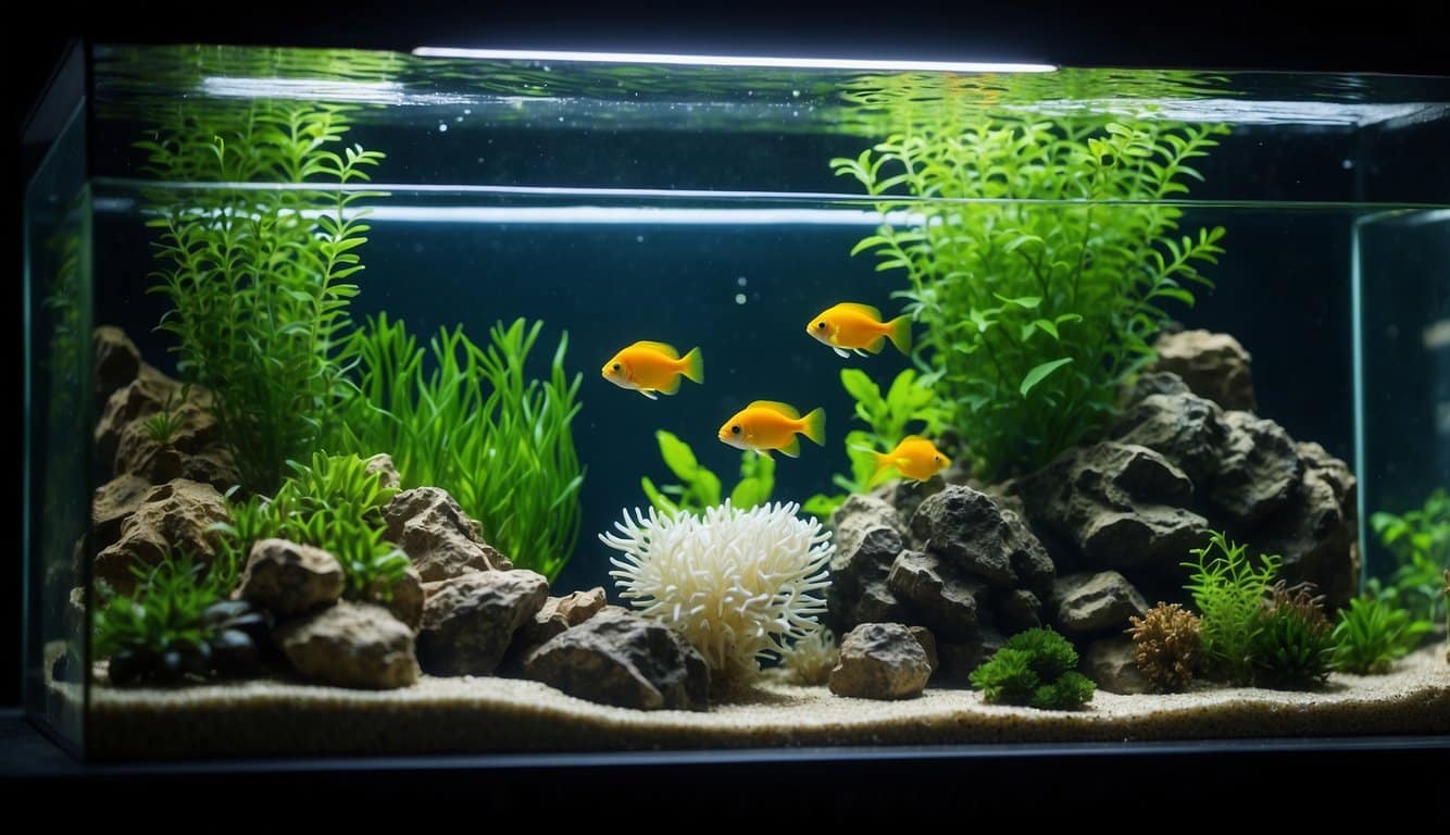 A fish tank with plants and fish, showing the process of nitrogen cycle. Nitrite levels are decreasing due to biological filtration and water changes