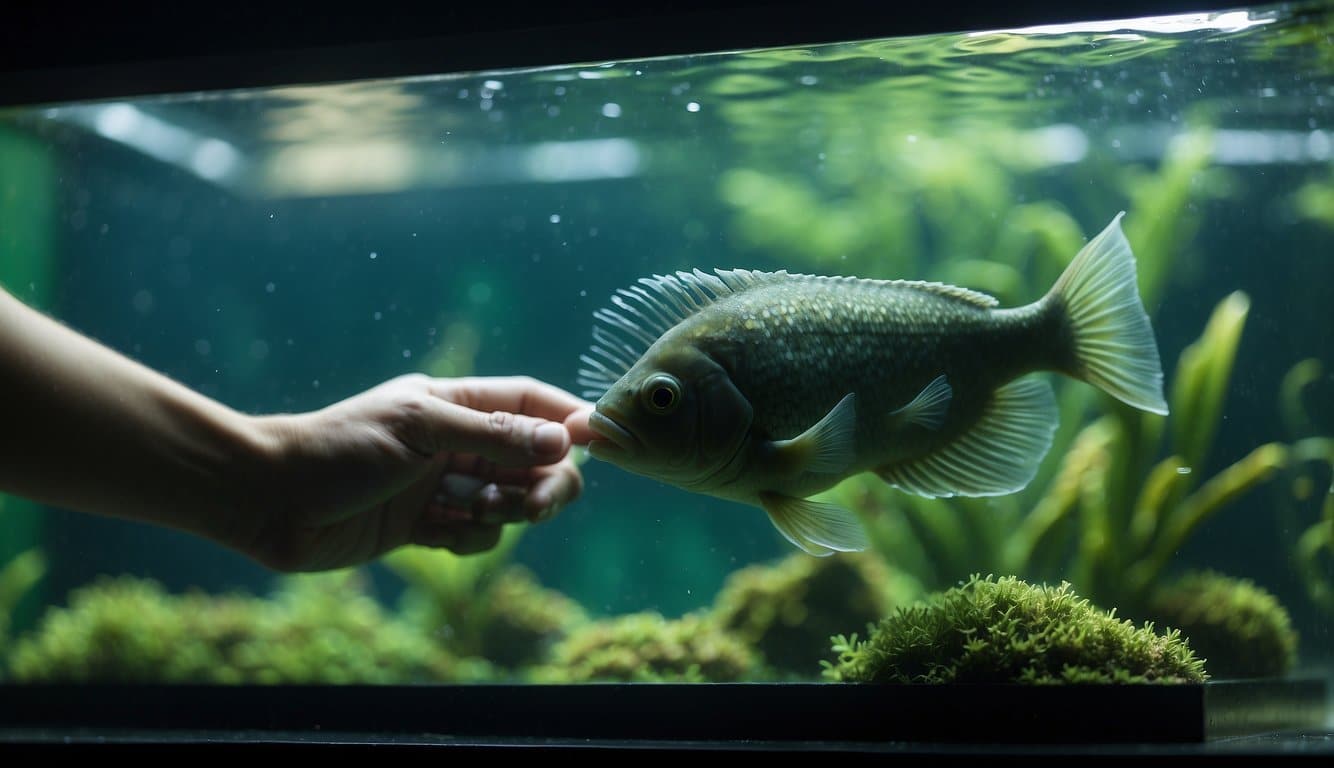 A hand reaches into a murky green fish tank, holding a scrubbing brush to clean the glass and combat the algae growth