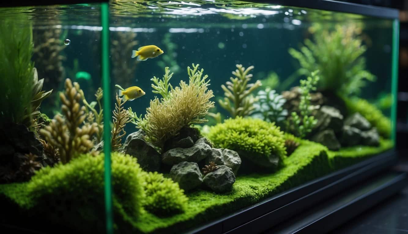 A green fish tank with various types of algae covering the glass, rocks, and decorations. Fish swim among the greenery, and the water appears murky