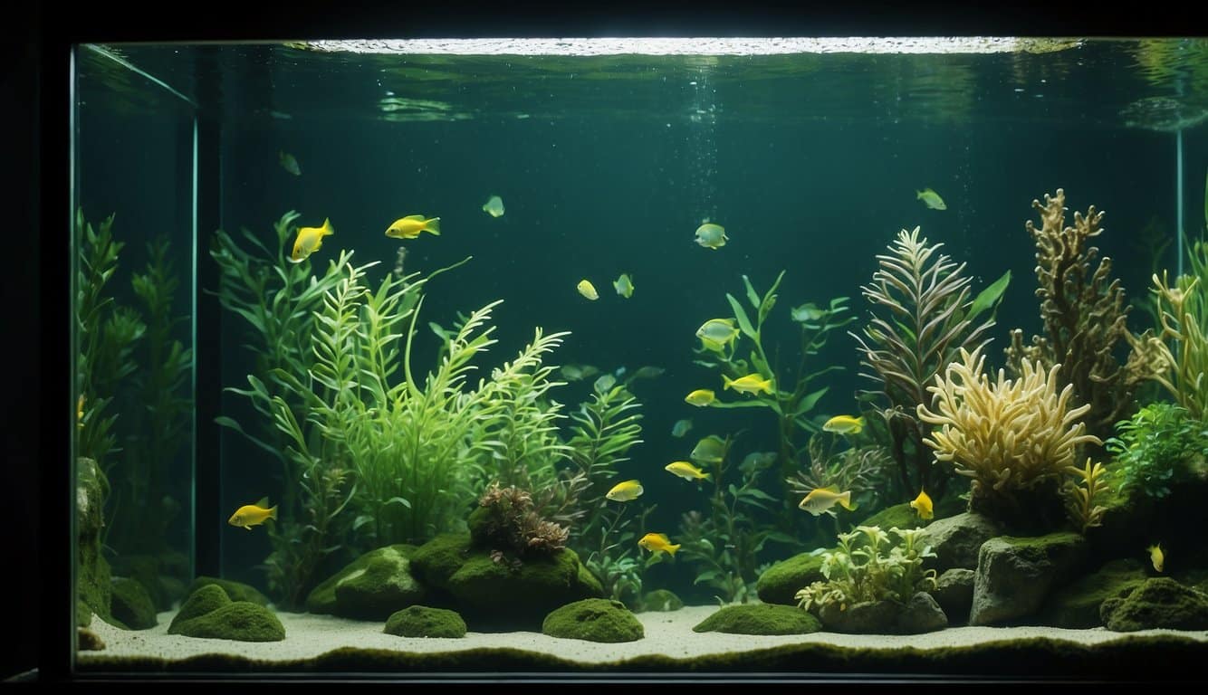 A green-tinted fish tank with murky water, algae-covered surfaces, and cloudy glass. Sunlight struggles to penetrate the murky water, casting a dim and eerie glow over the aquatic environment