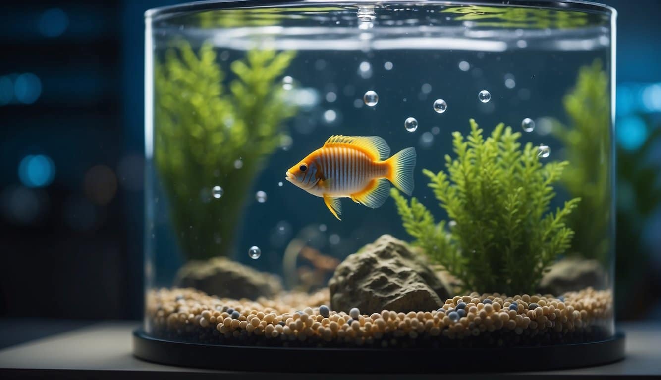 A fish tank heater hums softly, maintaining a steady temperature in the water. Bubbles rise lazily from the bottom, creating a peaceful and serene underwater environment