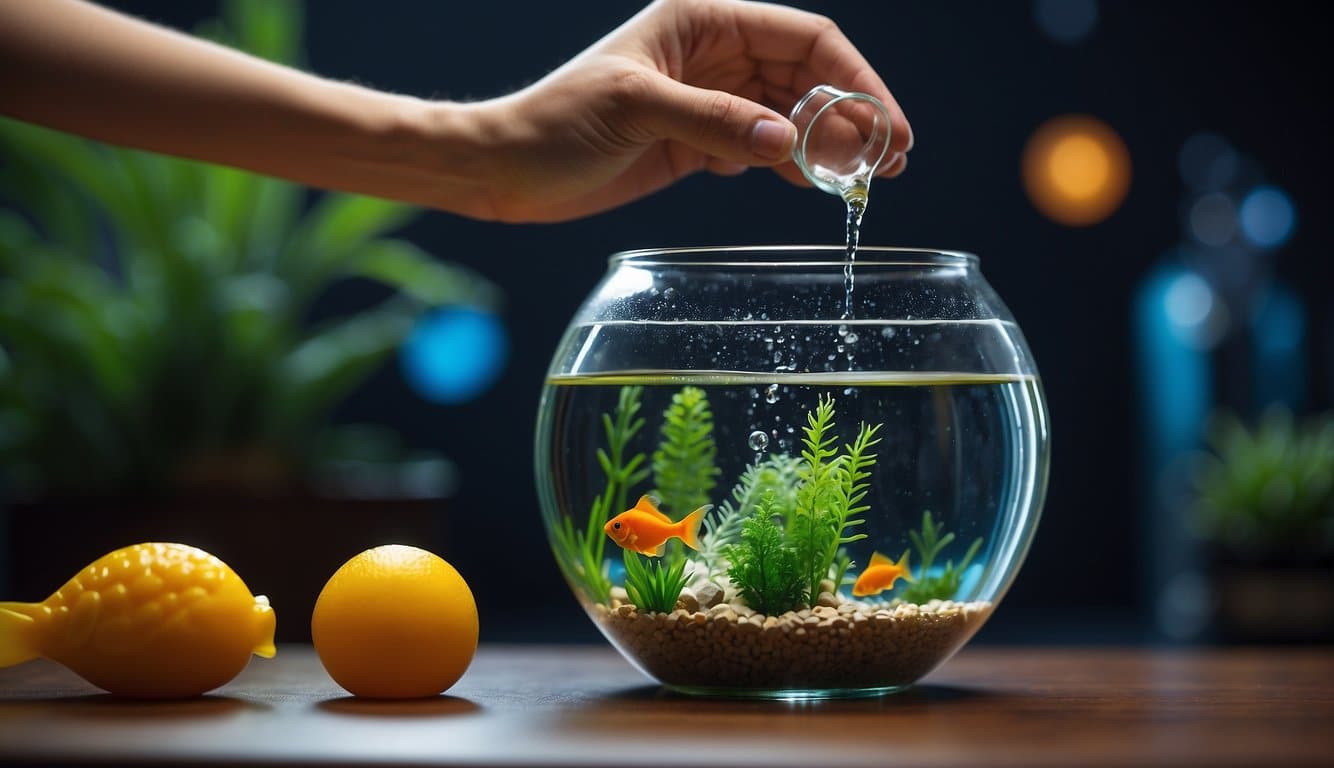 A hand pours a measured amount of pH decreaser into a fish tank. Bubbles rise as the solution disperses, lowering the tank's alkalinity