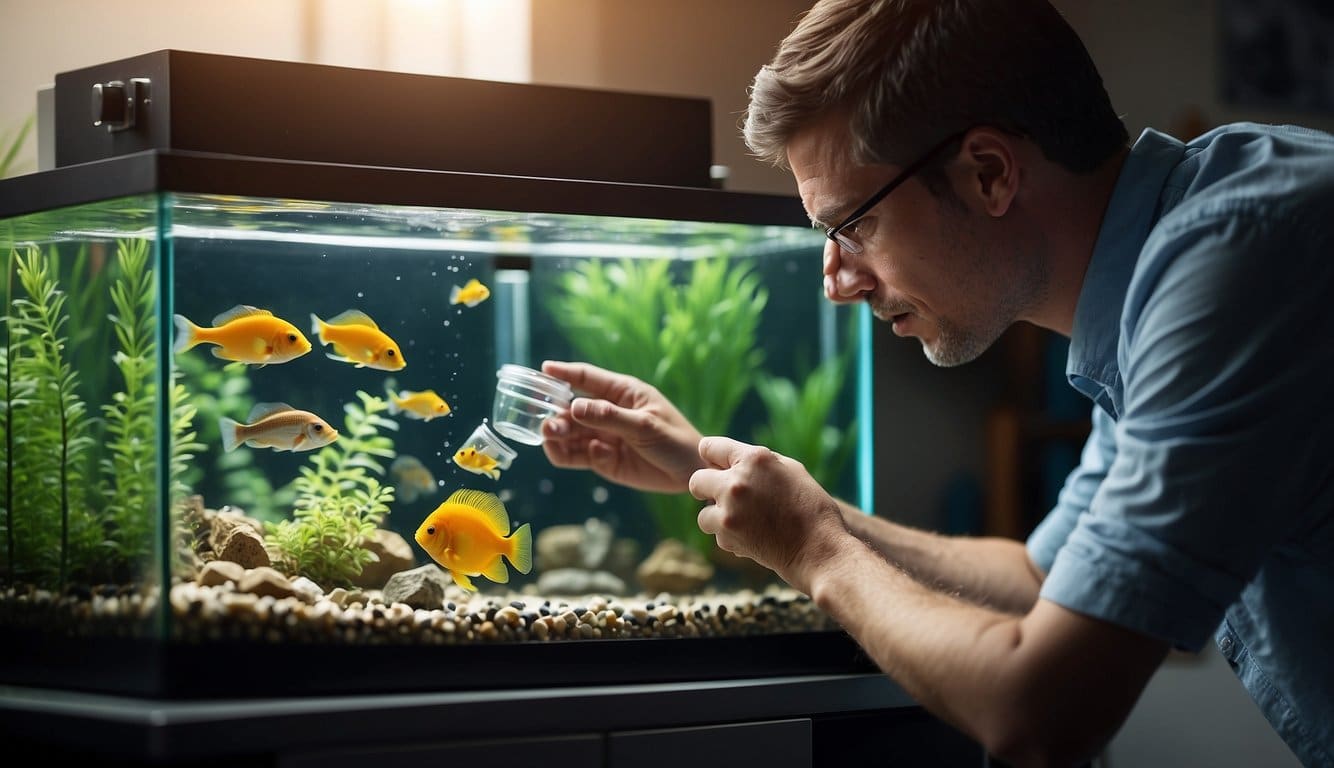 A person adding pH decreaser to a fish tank, testing alkalinity levels with a kit, and adjusting filtration system